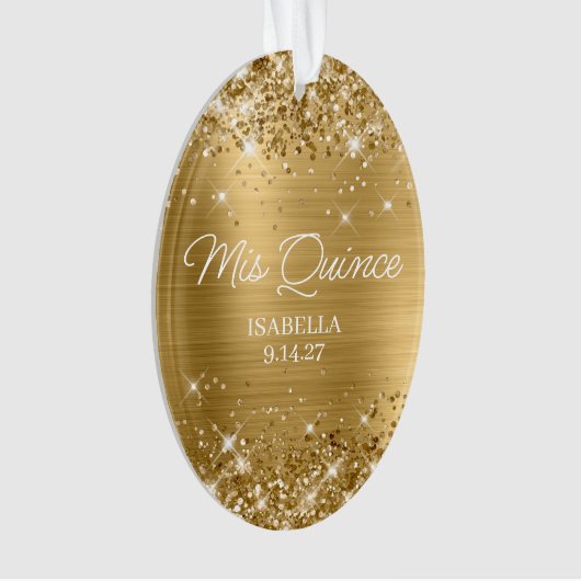 Glittery Gold Foil Quinceañera Dress Foto Ornament (voorkant)