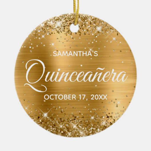Glittery Gold Foil Quinceañera Keramisch Ornament (Voorkant)