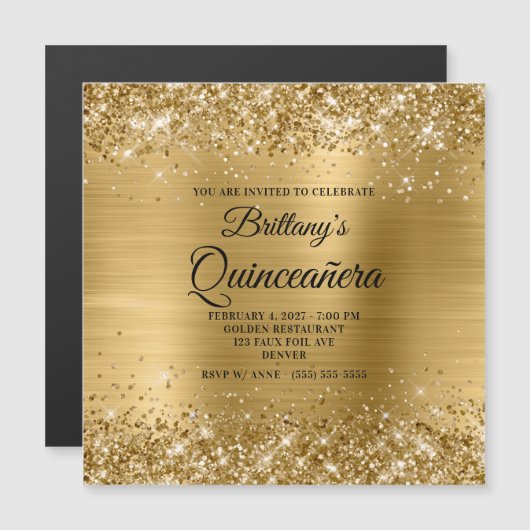 Glittery Gold Foil Quinceañera Magnetische Uitnodiging (Voorkant / Achterkant)