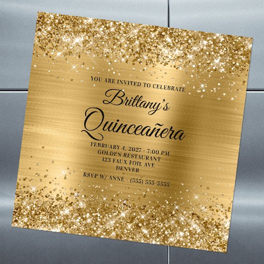 Glittery Gold Foil Quinceañera Magnetische Uitnodiging