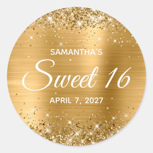 Glittery Gold Foil Sweet 16 Ronde Sticker (Voorkant)