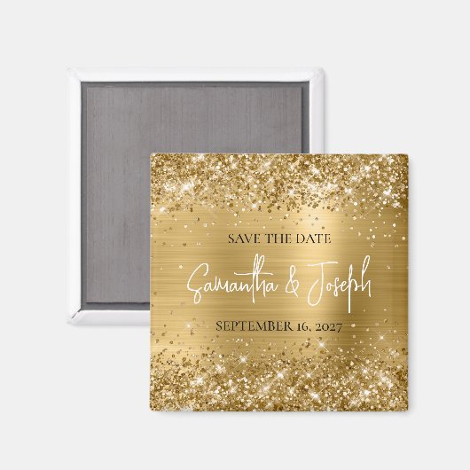 Glittery Gold Foil Wedding Save the Date Magneet (Voorkant / Achterkant)