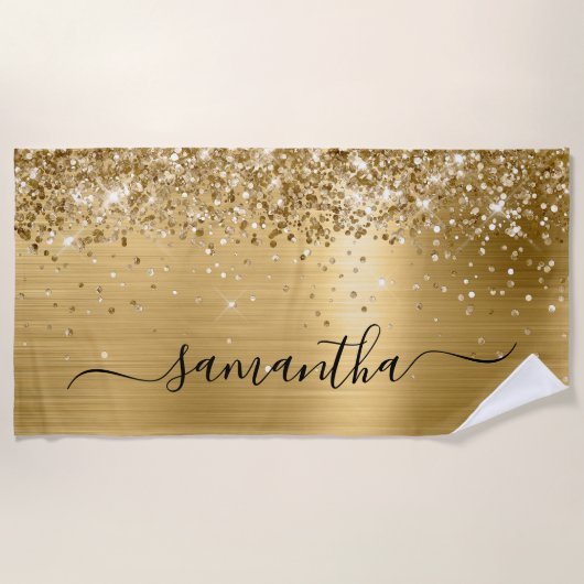 Glittery Gold Folie Elegant Swash Handtekening Naa Strandlaken (Voorkant)
