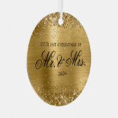 Glittery Gold Folie Onze 1e Kerstfoto Metalen Ornament (Voorkant Rechts)