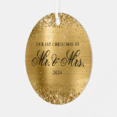 Glittery Gold Folie Onze 1e Kerstfoto Metalen Ornament (Voorkant links)