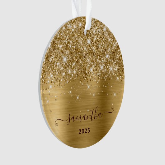 Glittery Gold Girly Signature Calligraphy Photo Ornament (voorkant)