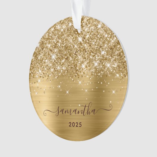 Glittery Gold Girly Signature Calligraphy Photo Ornament (voorkant)