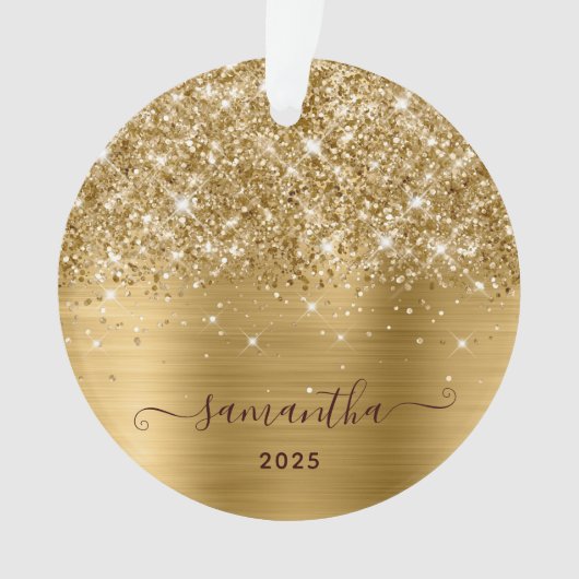 Glittery Gold Girly Signature Calligraphy Photo Ornament (voorkant)