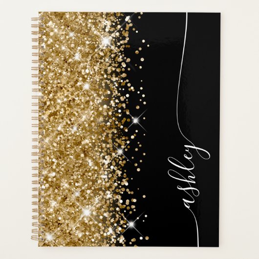 Glittery Gold Glam Black en White Elegant Script Planner (Voorkant)