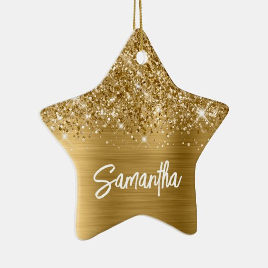 Glittery Gold Glam Brush Script Name Keramisch Ornament (Rechts)