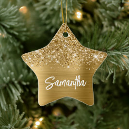 Glittery Gold Glam Brush Script Name Keramisch Ornament