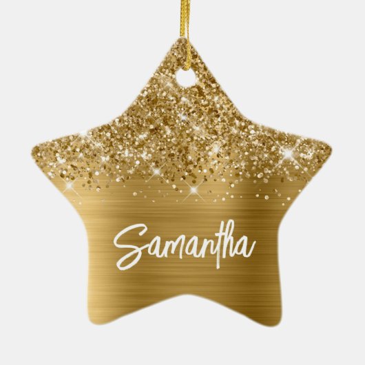 Glittery Gold Glam Brush Script Name Keramisch Ornament (Achterkant)
