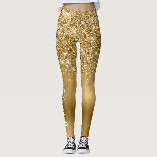 Glittery Gold Glam Brush Script Name Leggings (Voorkant)