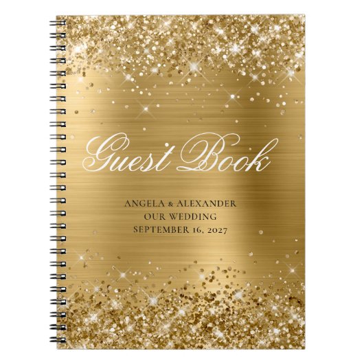 Glittery Gold Glam Classic Script Guestbook Notitieboek (Voorkant)