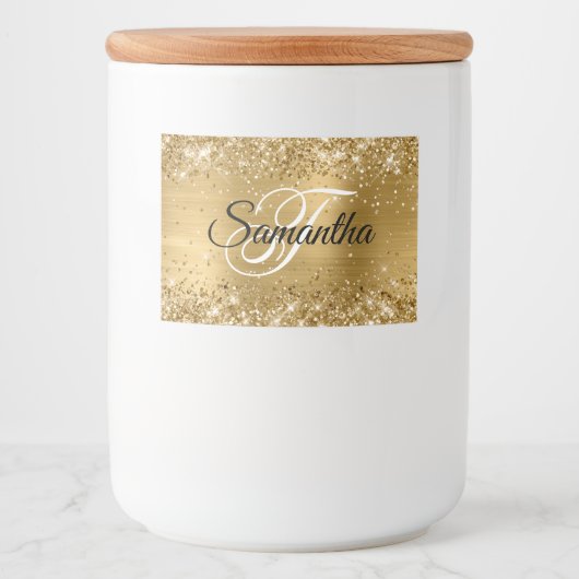 Glittery Gold Glam Fancy Monogram Voedselcontainer Etiket (Voorkant)