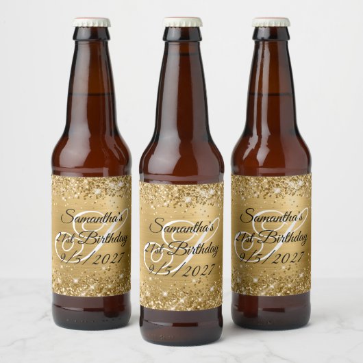 Glittery Gold Glam Monogram 21ste verjaardag Bier Etiket (Flessen)