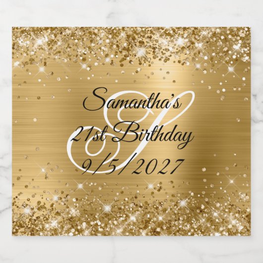 Glittery Gold Glam Monogram 21ste verjaardag Likeurfles Etiket (Enkel label)