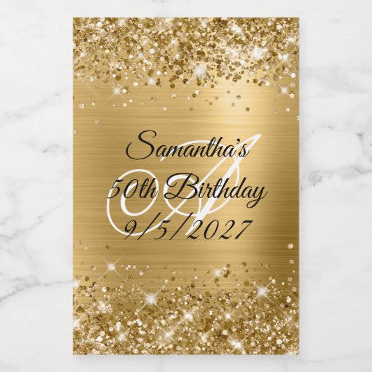 Glittery Gold Glam Monogram 50e verjaardag Voedselcontainer Etiket (Enkel label)