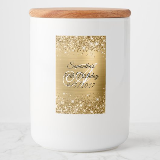 Glittery Gold Glam Monogram 50e verjaardag Voedselcontainer Etiket (Voorkant)