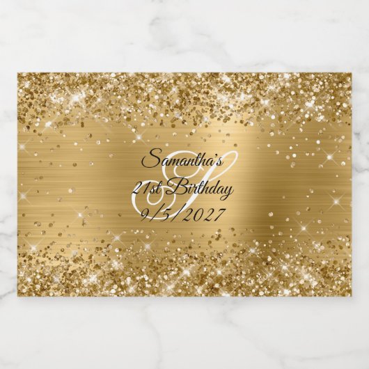 Glittery Gold Glam Monogrammed 21st verjaardag Likeurfles Etiket (Enkel label)