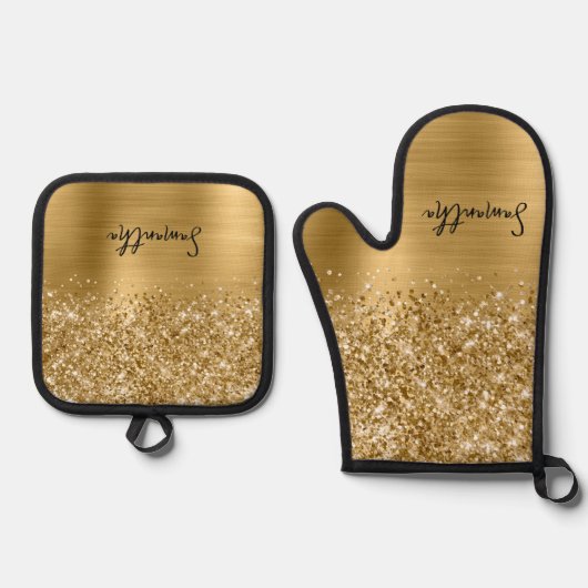 Glittery Gold Glam Name Ovenwant & Pannenlap Set (Voorkant)