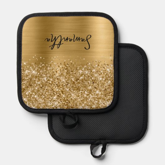 Glittery Gold Glam Name Pannenlap (Voorkant / Achterkant)