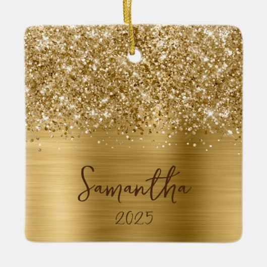 Glittery Gold Glam Name Photo Keramisch Ornament (Voorkant)