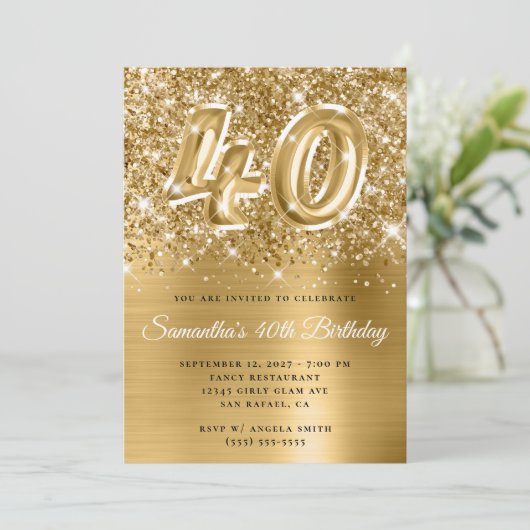 Glittery Gold Glam Number 40th Birthday Kaart (Staand voorkant)
