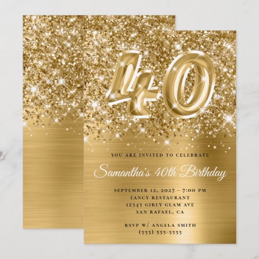 Glittery Gold Glam Number 40th Birthday Kaart (Voorkant / Achterkant)