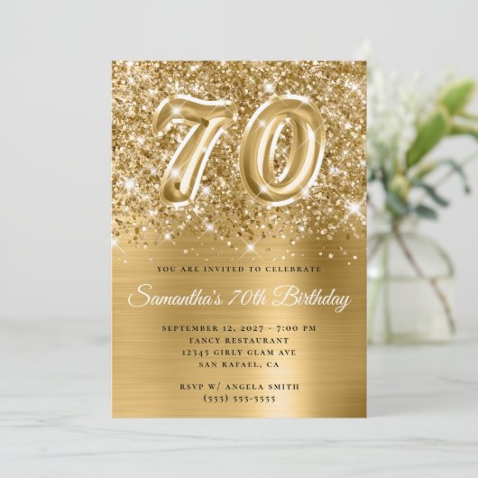 Glittery Gold Glam Number 70th Birthday Kaart (Staand voorkant)