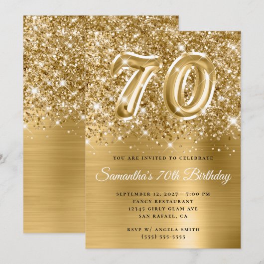 Glittery Gold Glam Number 70th Birthday Kaart (Voorkant / Achterkant)