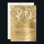 Glittery Gold Glam Number 70th Birthday Kaart<br><div class="desc">Creëer je eigen faux goudglitter en folie 70ste verjaardag uitnodiging voor haar. Op de achtergrond is een goudgele goudkleurige folie digitaal kunstwerk afgebeeld met een faux ballon nummer 70. De luxe sparkles, glitter en folie zullen worden gemaakt met creatieve artistieke elementen die van een foto houden. Pas de doopvontkleuren aan...</div>