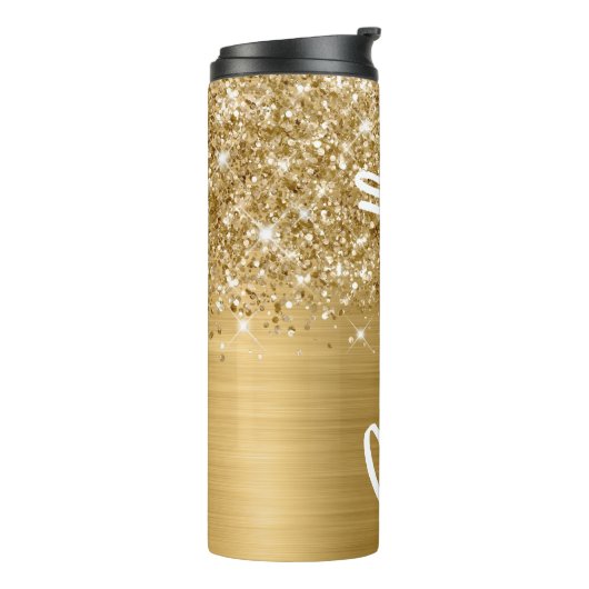 Glittery Gold Glam Verticale naam op maat Thermosbeker (Gedraaid links)