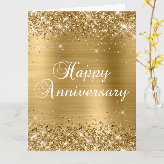 Glittery Gold Happy Jubileum Kaart (Gele Bloem)