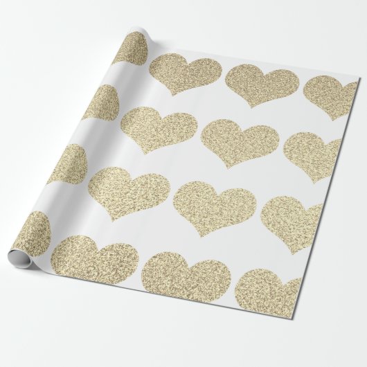 Glittery Gold Heart Pattern Golden White Holiday Cadeaupapier (Uitgerold)