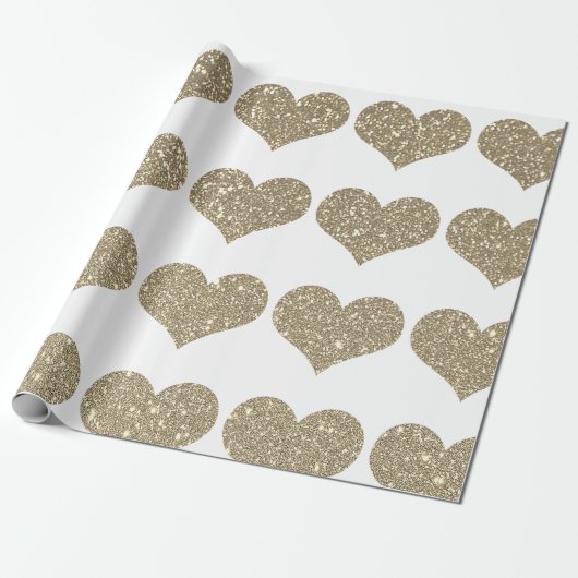 Glittery Gold Heart Pattern Golden White Sparkle Cadeaupapier (Uitgerold)