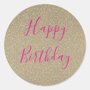 Glittery Gold Hot Pink Happy Birthday Classic Ronde Sticker