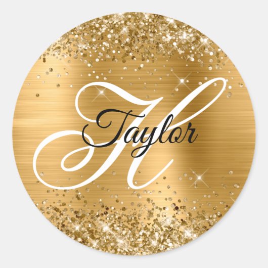 Glittery Gold Metallic Fancy Monogram Ronde Sticker (Voorkant)