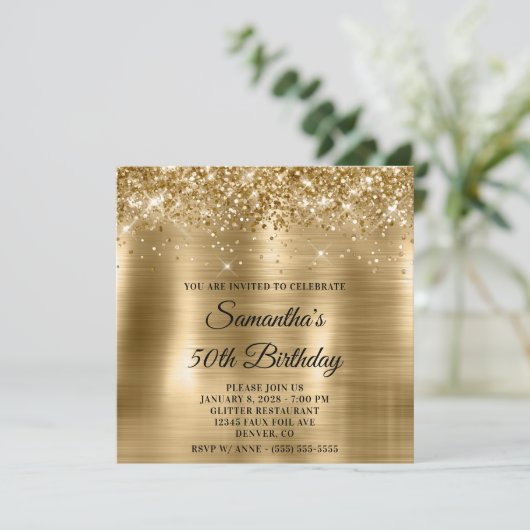 Glittery Gold Metallic Folie Look 50th Birthday Kaart (Staand voorkant)
