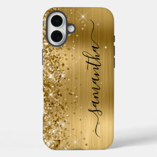 Glittery Gold Metallic Girly Black Signature iPhone 16 Plus Hoesje