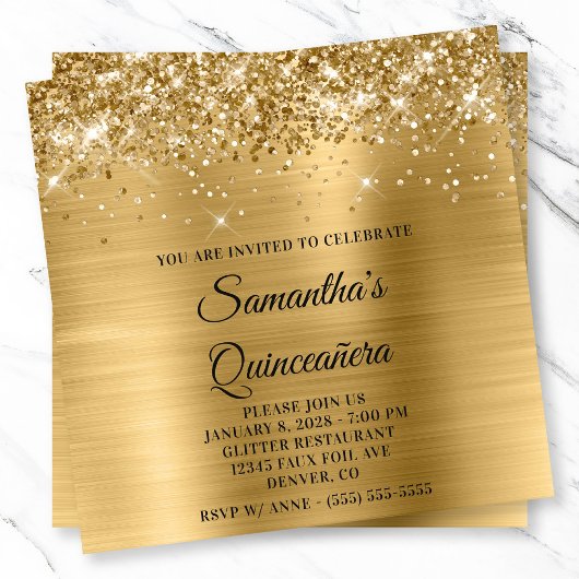 Glittery Gold Metallic Look Quinceanera Kaart