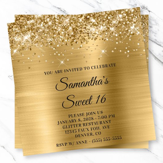 Glittery Gold Metallic Look Sweet 16 Kaart