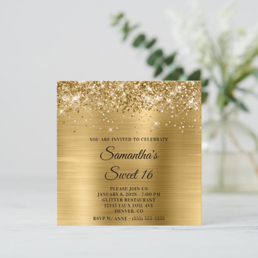 Glittery Gold Metallic Look Sweet 16 Kaart (Staand voorkant)