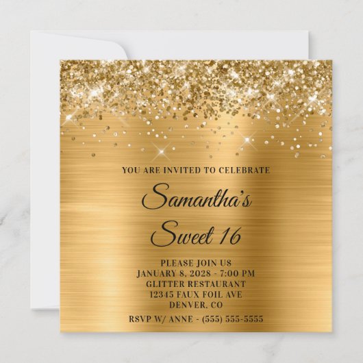 Glittery Gold Metallic Look Sweet 16 Kaart (Voorkant)