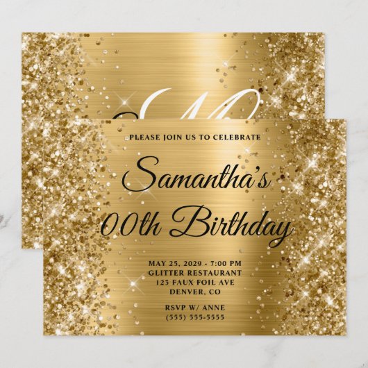 Glittery Gold Monogram Verjaardag Kaart (Voorkant / Achterkant)