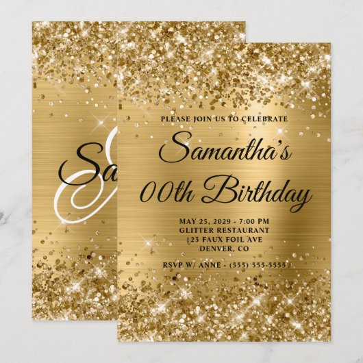 Glittery Gold Monogram Verjaardag Kaart (Voorkant / Achterkant)
