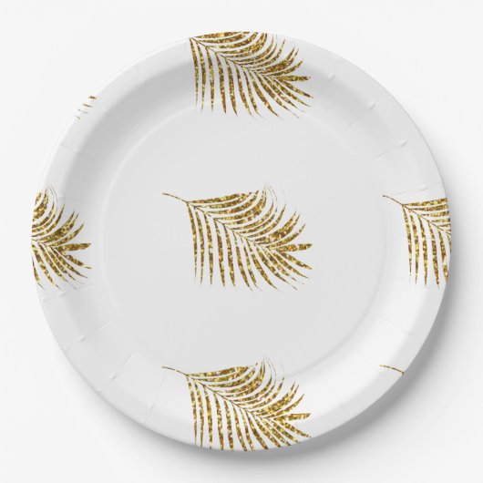 Glittery Gold Palms Tropical Weddings Leaf Pattern Papieren Bordje (Voorkant)