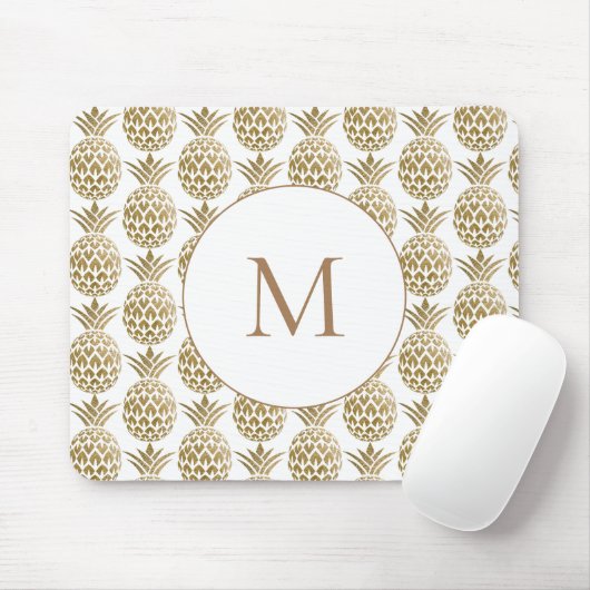Glittery Gold Pineapple Pattern White Monogram Muismat (Met muis)