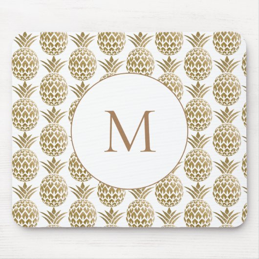 Glittery Gold Pineapple Pattern White Monogram Muismat (Voorkant)