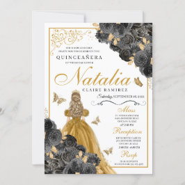 Glittery Gold Rozen Butterfly Princess Quinceañera Kaart